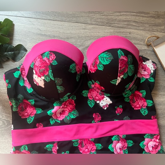 Torrid x Hello Kitty Black and Pink Floral Underwire Strapless One Piece Suit. 1 - Picture 2 of 14